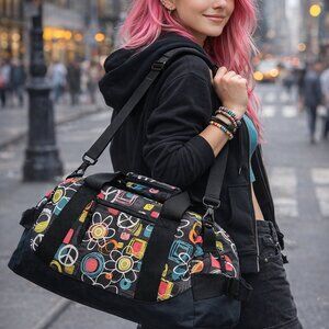 LL Bean Retro Graphic Duffle Bag | Peace Sign Floral Print | Travel Gym